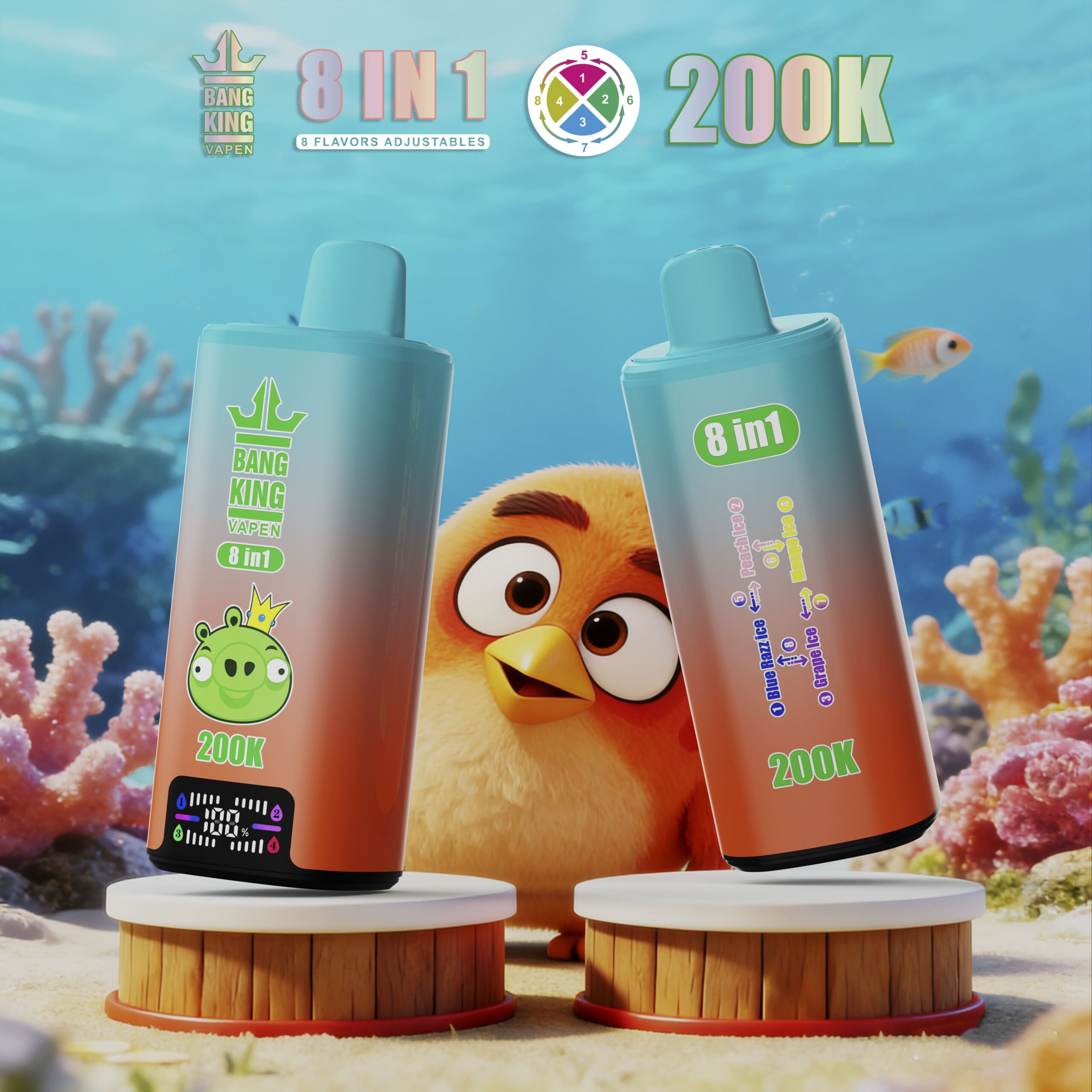 Bang King 200K Puffs Vape – 8 Smaków w 1, Dual Mesh Coil, LED Display - imagine 12